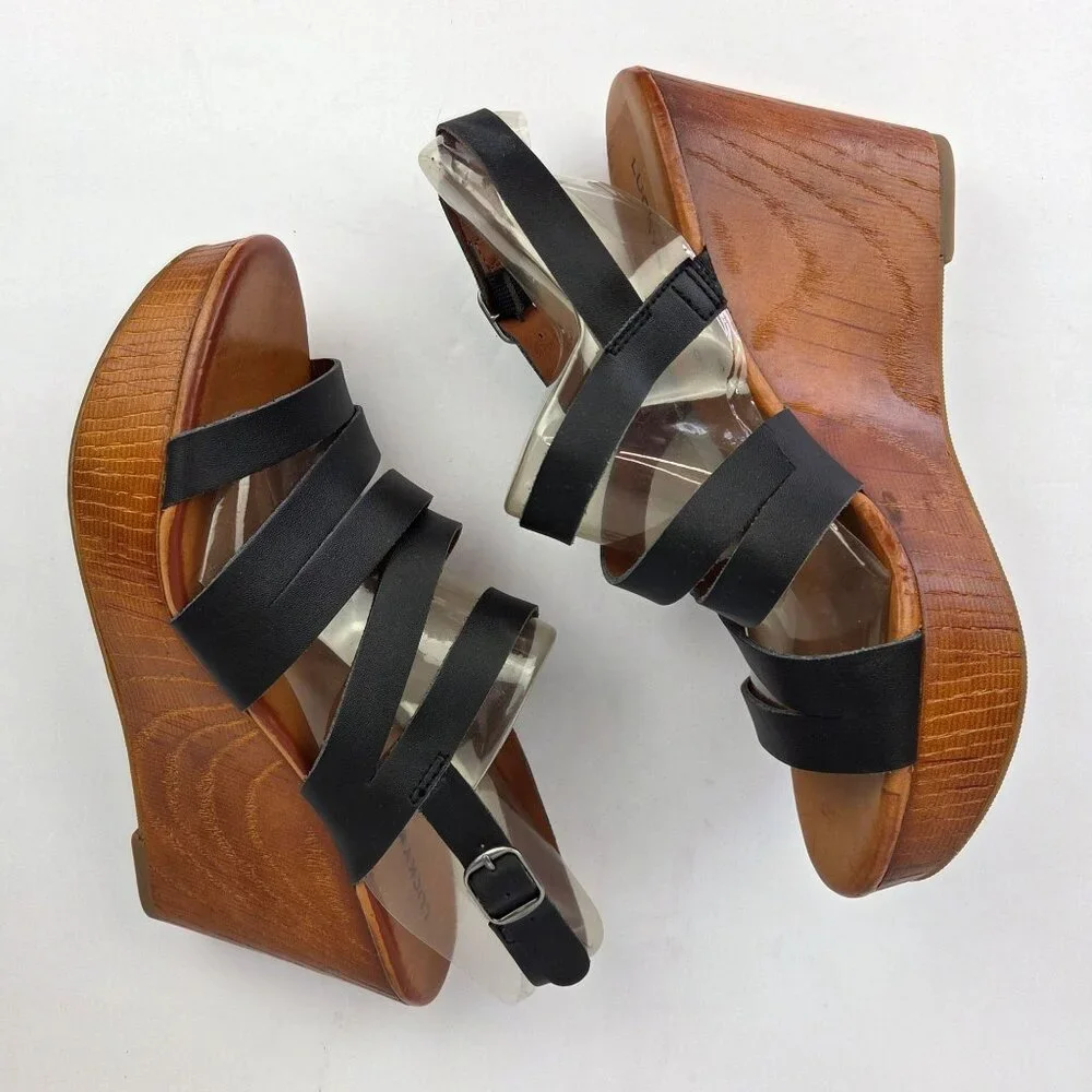 Lucky Brand Marinaa Black Leather Strappy Wedge Sandals 8M